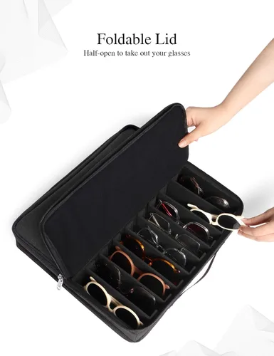 Vista 2 de Bukere Sunglasses Organizer Case, 18 Adjustable Slots for Multiple Pairs Eyeglasses, Travel Glasses Holder Storage Box