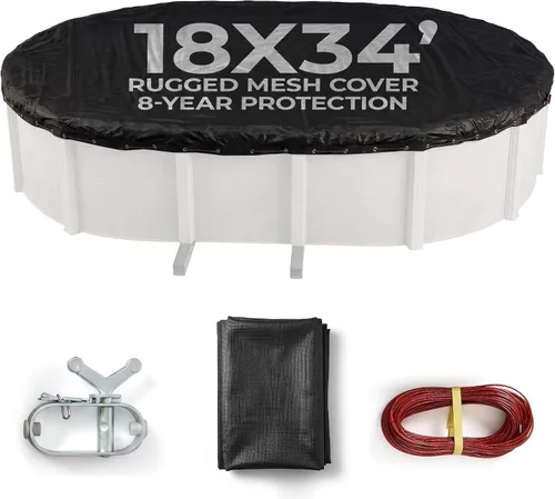 Vista 13 de Cubierta Defender para alberca ovalada en suelo, para el invierno., Negro Woven Polyethylene, Extra 4-ft Overlap, Mesh Debris Barrier, Metal