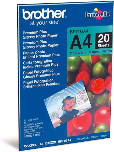 Vista 2 de Brother Papel fotográfico BP71GA4, A4, Premium Plus brillante, 11.693 in (ancho) x 8.268 in (largo), 20 hojas, suministros originales de Brother