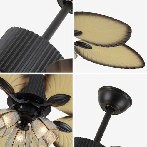 Vista 4 de Ventiladores de techo tropicales con luz de 52 pulgadas, hoja de palmera, aspas de madera, lámpara de araña con control remoto y cadena de tracción