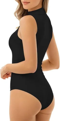 Vista 3 de MANGOPOP Body de manga larga con cuello alto falso para mujer, manga larga, sin mangas, cuello de tortuga, trajes sexis
