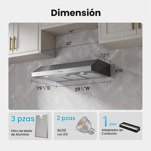 Vista 9 de VIKIO HOME Campana Extractora Bajo Gabinete de 30 Pulgadas, 1200 CFM de Doble Motor para Ventilación de Cocina con Luces LED, Control de Botones