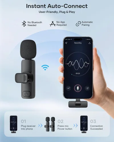 Vista 2 de Paquete de 2 micrófonos de solapa inalámbricos para iPhone, iPad y teléfono Android, micrófono de solapa Plug and Play, micrófono inalámbrico