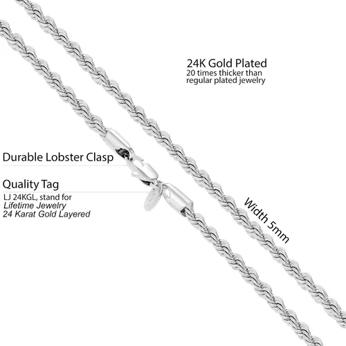 Vista 4 de LIFETIME JEWELRY 5mm White Gold Chain for Men & Women 24k Real Gold Plated Diamond Cut Gold Rope Chain for Men & Gold Chain Necklace Women 16 to 36