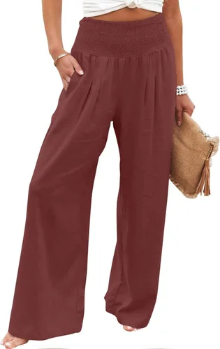 Vista 8 de PANOEGSN Palazzo - Pantalones para mujer, modernos y sólidos, de cintura alta, casuales, de pierna ancha, pantalones acampanados con bolsillos