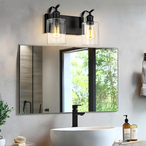 Vista 4 de Lámpara de baño negra de 2 luces sobre el espejo, luz de tocador moderna, aplique de pared de vidrio transparente, VL01BK-2 Cristal negro