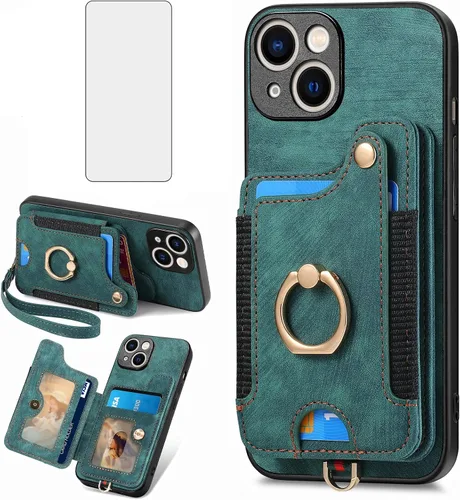 Vista 12 de Asuwish Funda de teléfono para iPhone 15 de 6.1 pulgadas con protector de pantalla de vidrio templado y correa para la muñeca, soporte para tarjeta