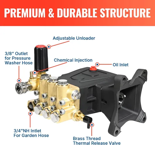 Vista 2 de YAMATIC Bomba de hidrolavadora horizontal de émbolo triple eje de 1 pulgada 4000 PSI 3.5 GPM, repuesto para Simpson AAA 90034, 90039,90038, Honda