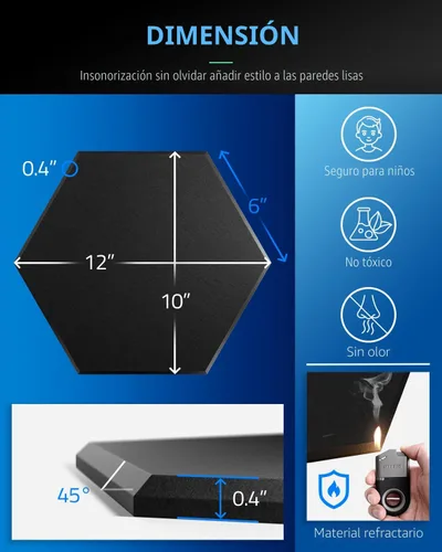 Vista 6 de ZenSonic Paquete de 12 paneles de espuma autoadhesivos a prueba de sonido para paredes de 12 x 10 x 0.4 pulgadas, paneles acústicos hexagonales