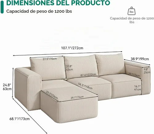 Vista 2 de Sofá modular Cloud de 107 pulgadas con diván en forma de L, asiento