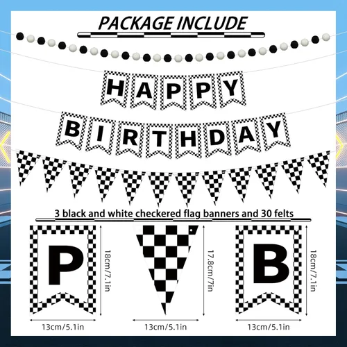 Vista 2 de Fuyoooo 4 banderas de feliz cumpleaños a cuadros en blanco y negro con bandera de carreras, banderas de fiesta, incluidas decoraciones de fiesta