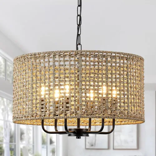 Vista 15 de Lámpara de araña de ratán bohemio de 20 pulgadas para comedor, 5 luces tejidas a mano de ratán natural con cadena ajustable, enchufes E12