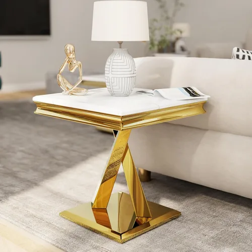 Vista 9 de Juego de 2 mesas auxiliares doradas, mesa auxiliar cuadrada blanca moderna con base en X de metal pulido dorado, elegante mesa decorativa