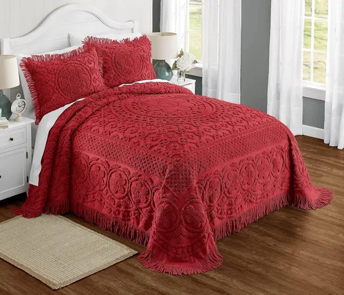 Vista 4 de Montgomery Ward Emily - Colcha floral de chenilla, edredón de algodón suave, edredón de tamaño individual en azul, ropa de cama de hotel de lujo