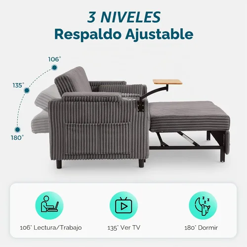 Vista 3 de LINSY HOME Sofá cama extraíble 3 en 1, sofá cama convertible de 58 pulgadas para sala de estar, mesa giratoria de 360°, reposabrazos de Gris