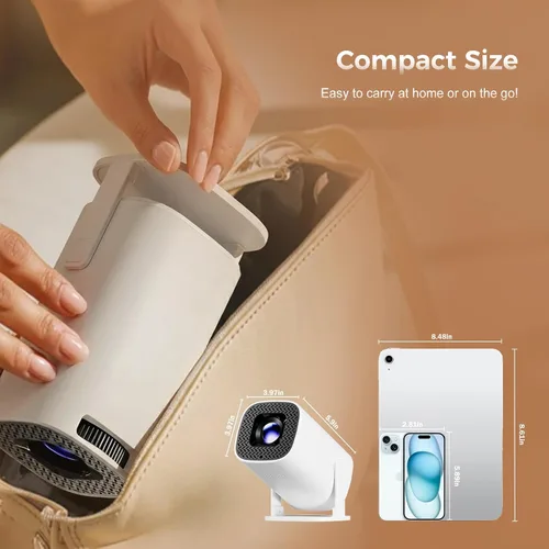 Vista 5 de Mini proyector con Wifi y Bluetooth, Android 14 integrado, proyector portátil para uso en exteriores y techo, Keystonet automático y giratorio