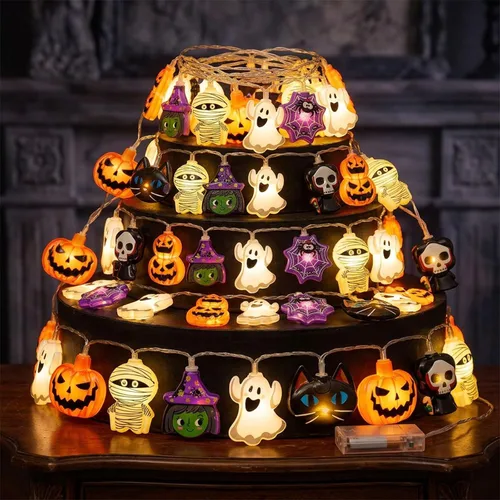 Vista 5 de Guirnalda de luces de Halloween, 10 pies, 20 luces LED de otoño, USB y batería, decoración de Halloween, luz de otoño, 8 modos intermitentes, bonita