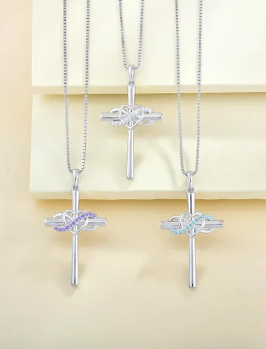 Vista 5 de YL Collar de cruz de plata de ley para mujer, colgante de crucifijo de corazón infinito, piedra natal