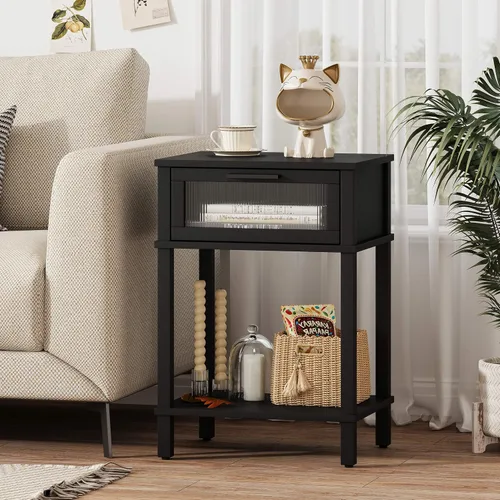 Vista 5 de Mesita de noche de madera con cajón, mesita de noche negra, estilo moderno, mesa auxiliar pequeña con estante de almacenamiento para dormitorio