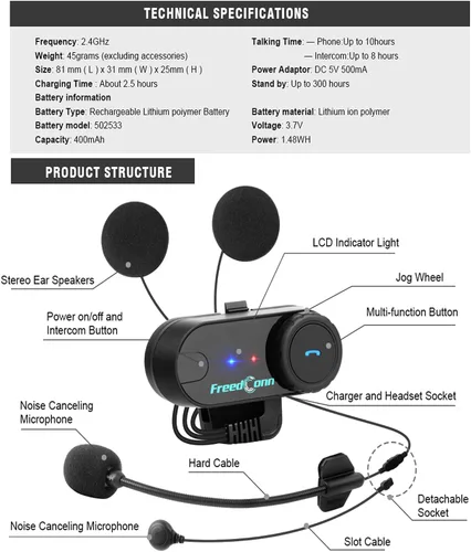 Vista 3 de FreedConn TCOM VB - Auriculares Bluetooth para motocicleta, sistemas de comunicación de casco de 2 vías 800M, casco intercomunicador Bluetooth