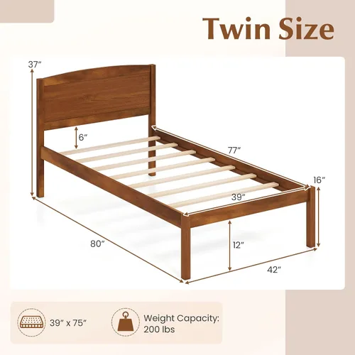 Vista 2 de GIANTEX Twin Size Wooden Bed Frame with Curved Headboard, Wood Slat Support