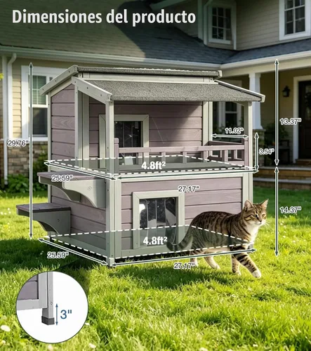 Vista 7 de GUTINNEEN Casa de Gatos al Aire Libre Resistente al Agua, Refugio para Gatos Ferales con Balcón, Refugio de Madera para Gatos Impermeable