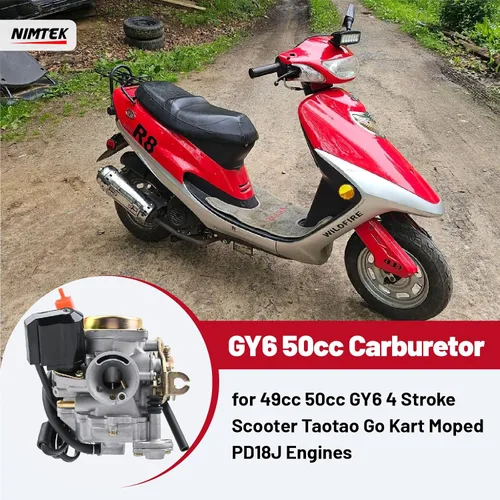 Vista 2 de NIMTEK GY6 - Carburador de 50 cc para scooter de 49 cc, 50 cc, GY6, 4 tiempos, Taotao, Go Kart, ciclomotor, PD18J, carburador 139QMB con colector
