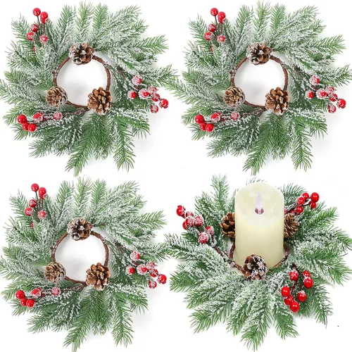 Vista 8 de Anillos de vela de Navidad – Juego de 12 anillos de vela artificiales de bayas rojas y piñas de 10 pulgadas, coronas de velas de Navidad