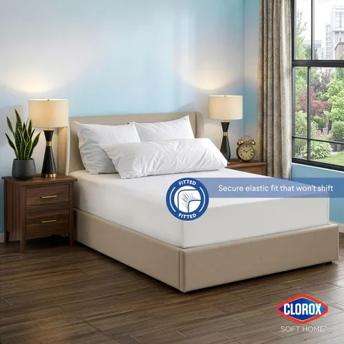 Vista 2 de Clorox Protector de colchón ajustable impermeable, vinilo impermeable, protección duradera contra derrames y manchas, cierre elástico, tamaño Queen