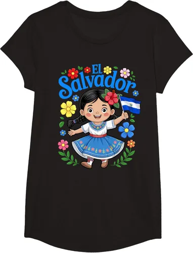 Vista 4 de Camiseta de estilo tradicional floral para niña con la bandera de El Salvador