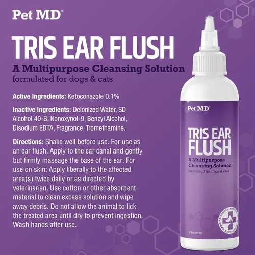 Vista 5 de Pet MD Veterinary Tris Flush - Limpiador de oídos para gatos y perros - Enjuague para oídos de perros - 12 onzas Ayuda a reducir los desechos