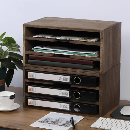 Vista 7 de DDYURI Bandeja clasificadora de archivos de 3 niveles para almacenamiento de papel, organizador de documentos de escritorio de madera