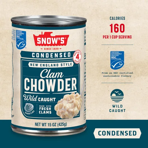 Vista 3 de Snow's Sopa condensada de almejas de Nueva Inglaterra, lata de 15 onzas, 0.14 oz de proteína por porción, receta auténtica al estilo de Nueva