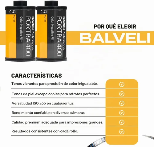 Vista 6 de Película Kodak Portra 400 - Paquete de 10 rollos de 36 exposiciones para cámaras de 35 mm con paño de microfibra Premium balveli