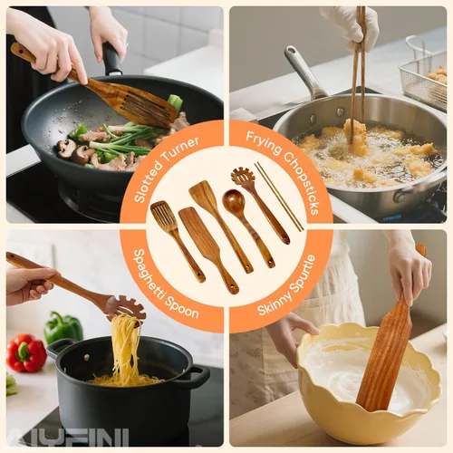 Vista 3 de Utensilios de madera no tóxicos para cocinar - Acacia natural y sin pegamento, juego de espátulas grandes de 15.4" con mango largo resistente al