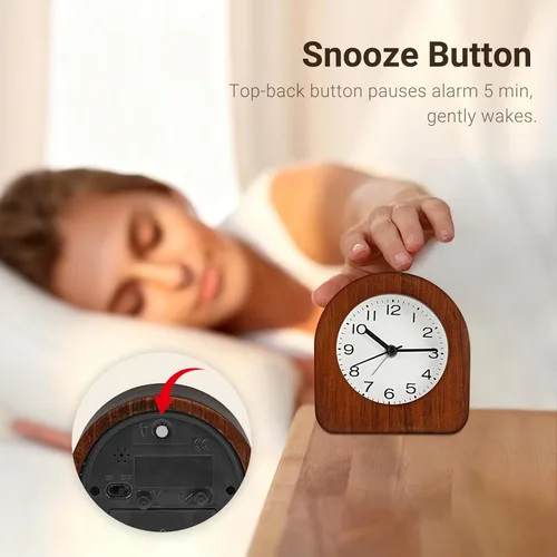 Vista 6 de Reloj despertador analógico vintage de madera maciza, funciona con pilas, con luz nocturna no interrumpida, reloj despertador sin tictac con botón