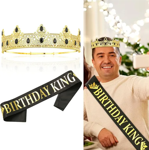 Vista 2 de Corona de Rey NA y Banda de Cumpleaños, Regalos de Decoración de Baile de Graduación para Hombres (Dorado-1)