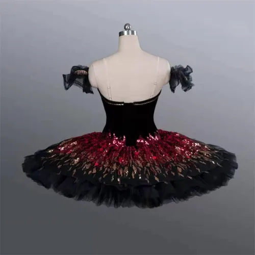 Vista 3 de ZJHYXYH - Disfraz de ballet profesional negro y rojo para competición, disfraz de ballet para adultos, panqueques clásico