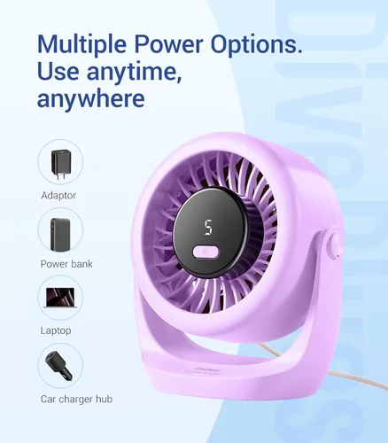 Vista 4 de Diveblues TurboBreeze - Ventilador de escritorio USB, mini ventilador de escritorio ultra silencioso, viento potente, pantalla LED, 5 velocidades