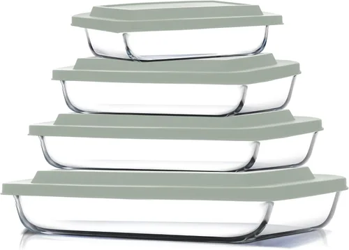 Vista 16 de EATEX Cacerola de vidrio profundo de 8 piezas para horno con tapas de plástico, platos de vidrio para horno, utensilios rectangulares para hornear