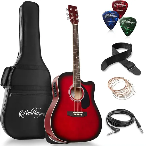 Vista 8 de Ashthorpe Paquete de Guitarra Acústico-Eléctrica Dreadnought Cutaway de Tamaño Completo - Maderas Tonales Premium - Negro