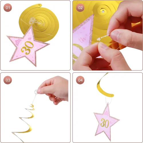 Vista 7 de Decoraciones de fiesta de oro rosa, pancarta de feliz cumpleaños 30 con purpurina de oro rosa, pompones, kit de espirales colgantes brillantes