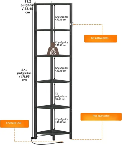 Vista 2 de Furnulem Estante esquinero de 6 niveles con luz LED, organizador de estante de pie de 67.5 pulgadas de alto, estantería estrecha negra con estante