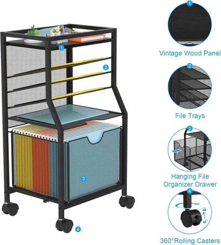 Vista 5 de BOHDK Carrito de archivos rodante, organizador de archivos de escritorio de 6 niveles con ruedas con cerradura, tablones de madera negra y cajón