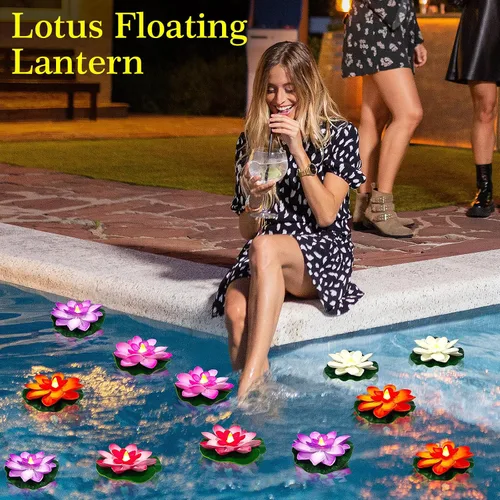 Vista 6 de Paquete de 6 velas de té de loto flotantes – Velas LED de lirio de agua de 4 pulgadas para piscina, baño, boda, decoración de fiesta, luces