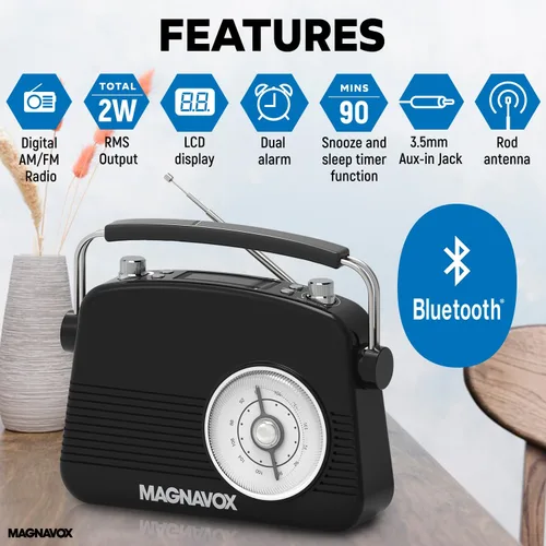 Vista 2 de Magnavox Reloj despertador doble retro con radio FM, tecnología inalámbrica Bluetooth, pantalla LCD, temporizador de repetición y sueño, ideal