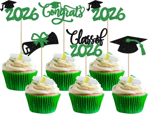 Vista 31 de 30 piezas de decoración para cupcakes de graduación para la clase de 2026 con purpurina brillante para el futuro diploma hecho 2026 Felicidades