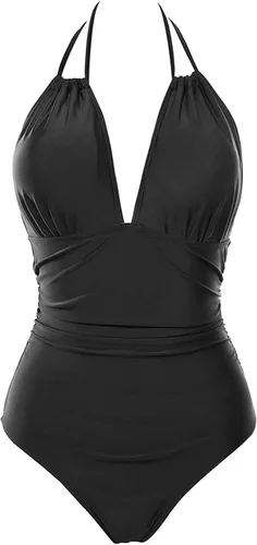 Vista 5 de B2prity - Traje de baño adelgazante de una pieza con función de control de abdomen, cuello halter, retro, ropa de baño para mujer curvilínea