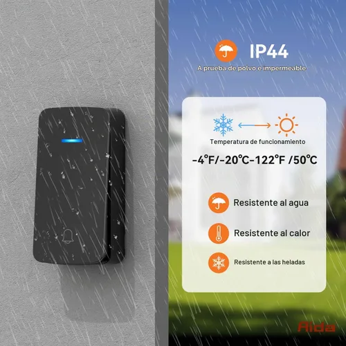 Vista 5 de AIDA - Timbre inalámbrico, timbre autoalimentado con tomacorriente adicional, botón de presión sin necesidad de batería, timbre de puerta Negro