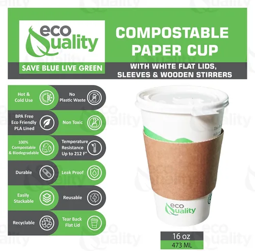 Vista 2 de Vasos de papel compostables de 16 onzas con tapas planas blancas, mangas y agitadores de madera, tazas de café de papel blanco biodegradables